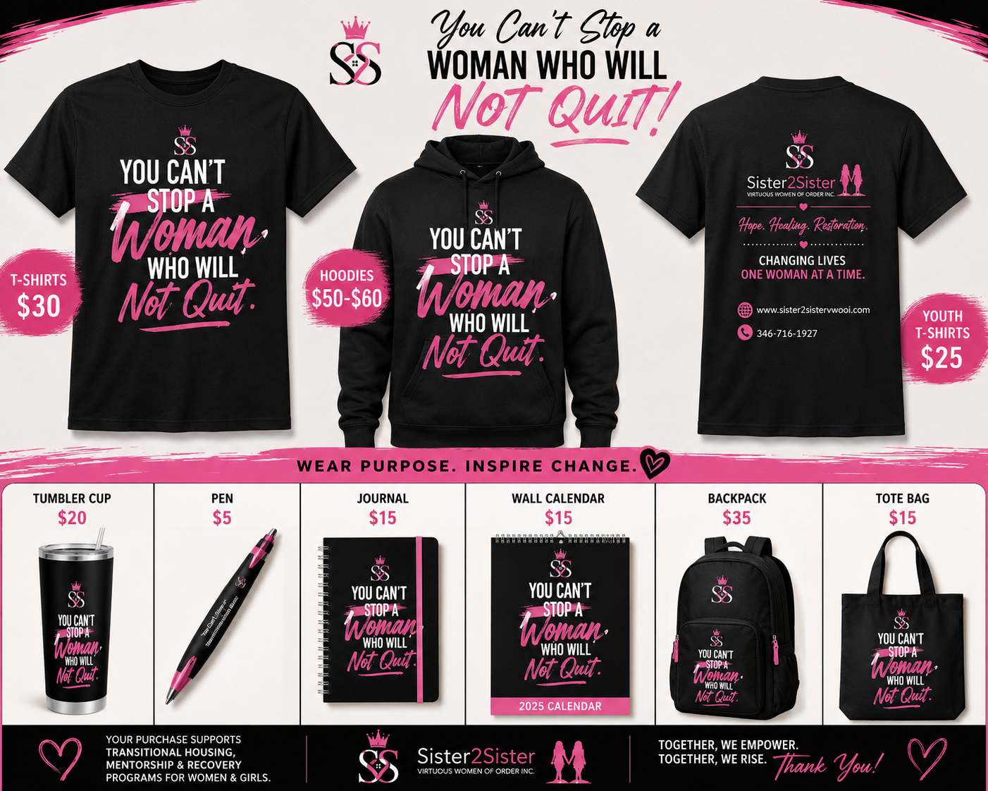 Preview of Sister2Sister shirts, hoodie, tumbler, pen, journal, calendar, backpack, and tote bag