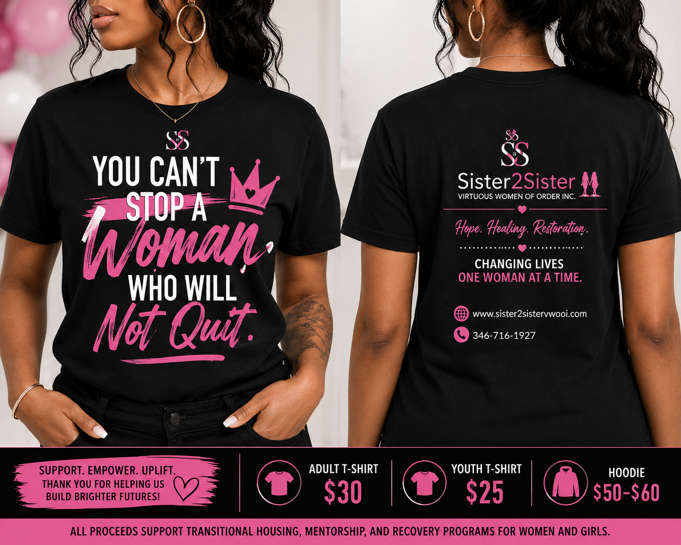 Front and back preview of the black Sister2Sister empowerment T-shirt with adult, youth, and hoodie options