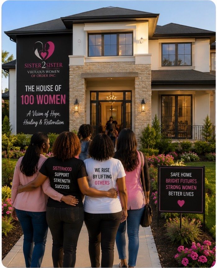 Four women walking arm in arm toward the Sister2Sister House of 100 Women