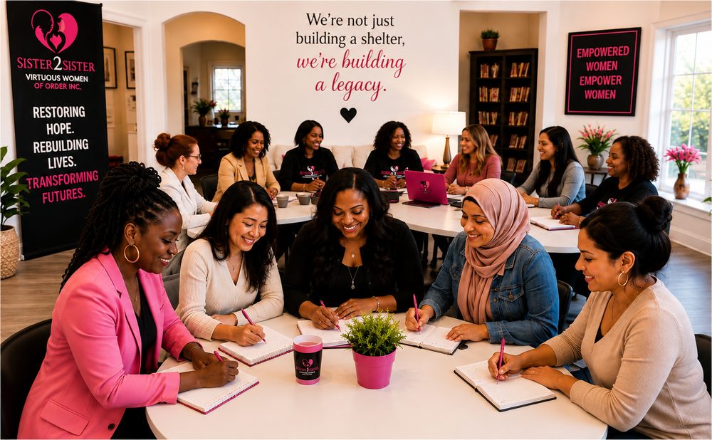 Women writing in journals together around a table at a Sister2Sister workshop